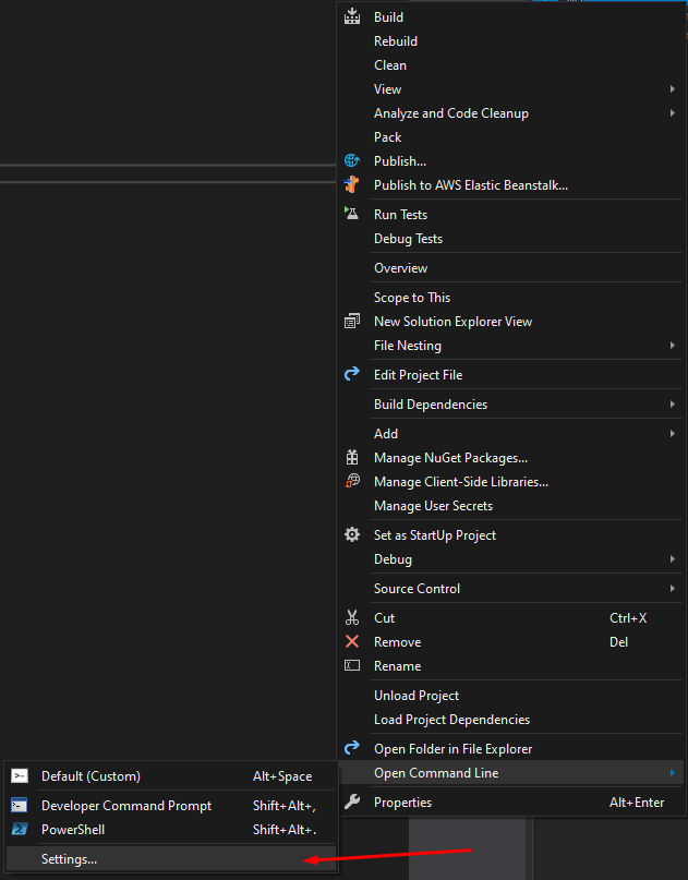 Open Command Line settings in Solution Explorer